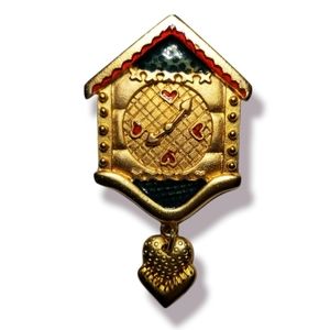 Vintage Gold Tone & Handpainted Clock Brooch